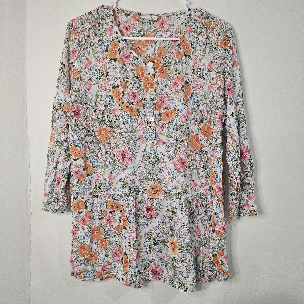 J.jill Floral Blouse Top Half Button With Mother Pearl Buttons
